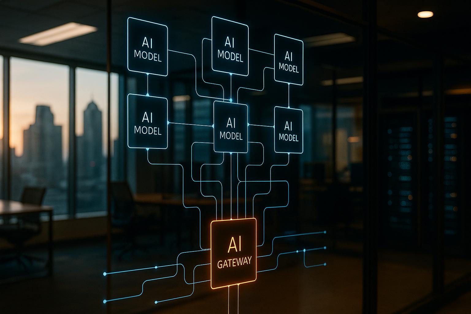 A multi-layered digital architecture diagram with distinct tiers of interconnected nodes, illustrating iForAI's strategic AI model tiering and AI gateway for optimized ROI.