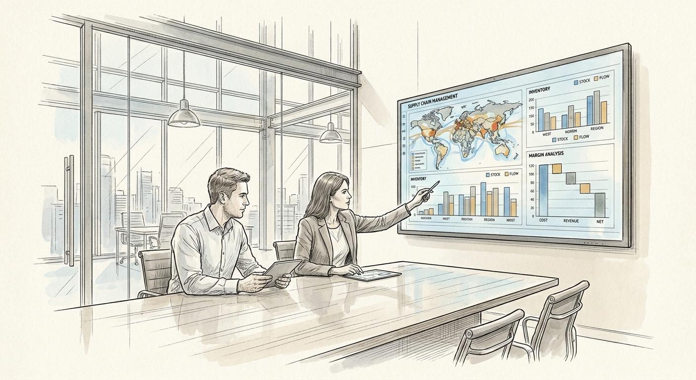 A professional analyzing SKU data dashboards on a large screen, demonstrating iForAI margin expansion solutions for efficient portfolio SKU rationalization and optimized working capital.