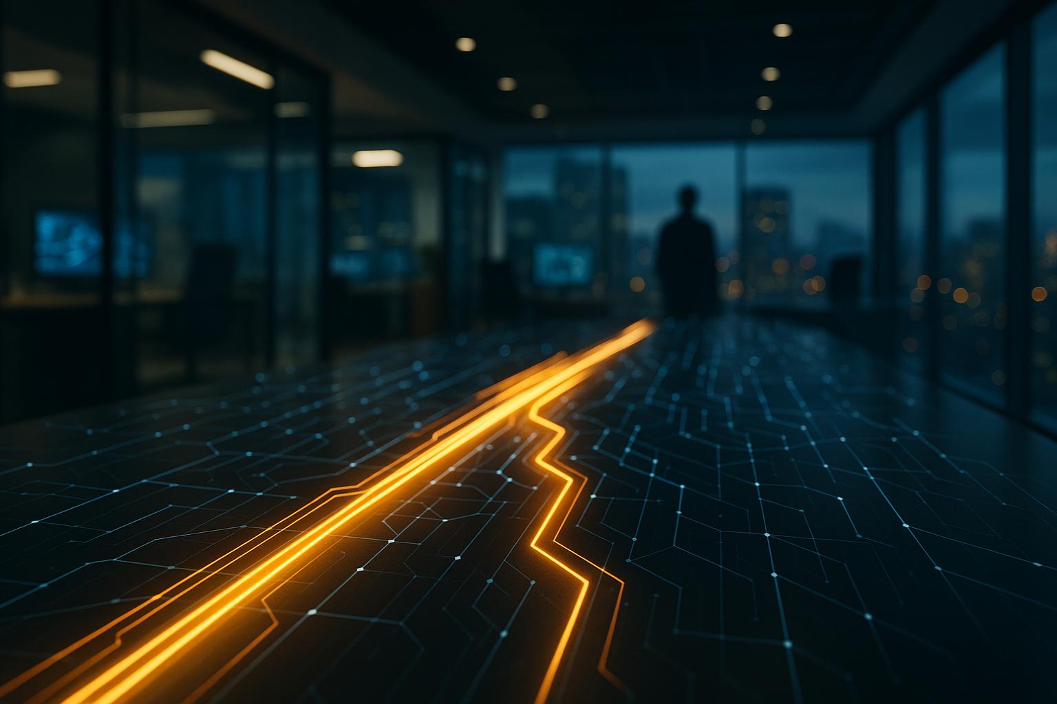 A digital network showing fast-moving data on some paths and gridlocked traffic on others, illustrating iForAI's 'Turbocharger in Traffic' AI strategy concept.