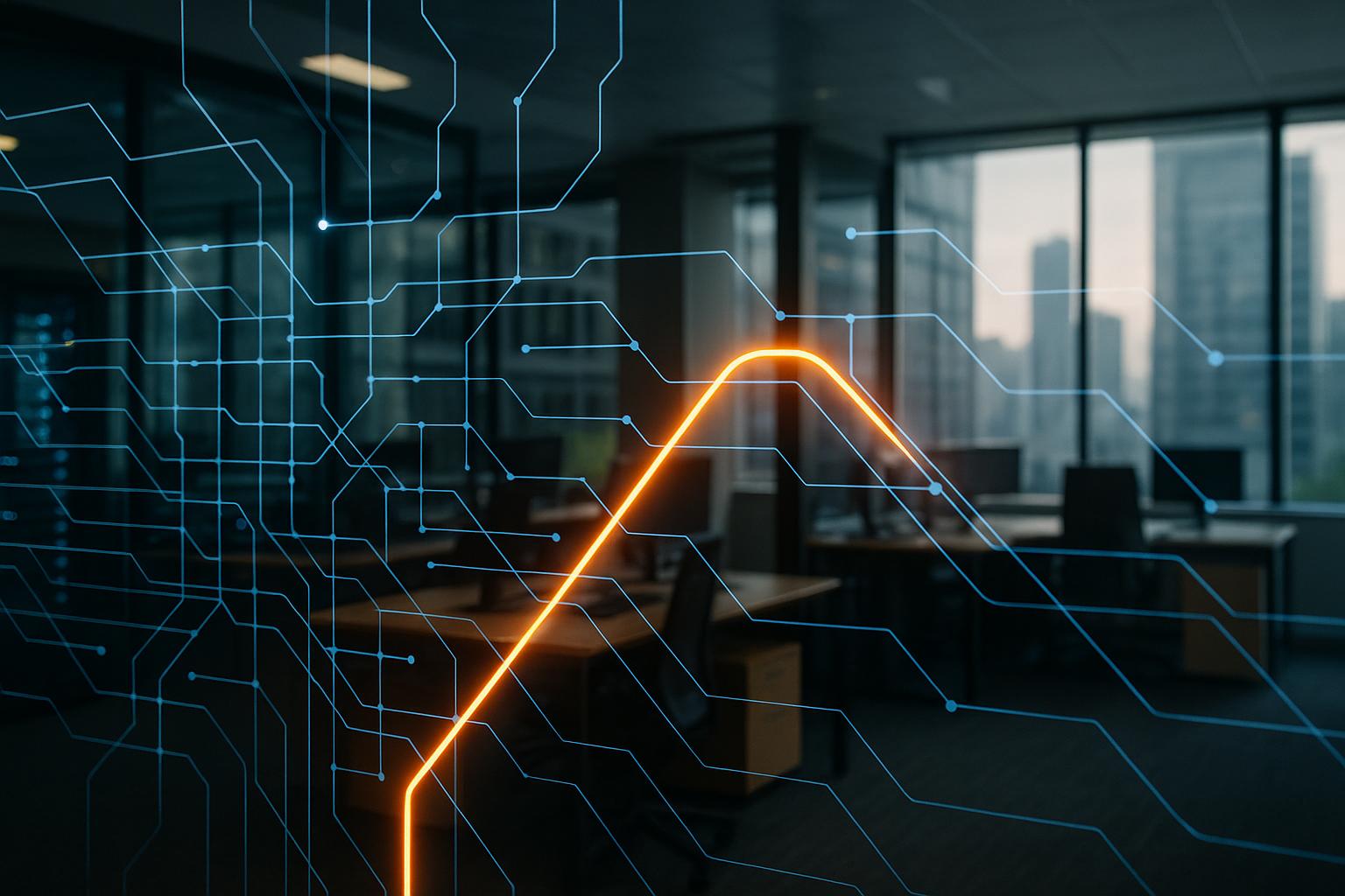 A glowing network of digital pathways, some stagnant, with a dynamic new path emerging, illustrating iForAI's approach to optimizing SDLC connective tissue.