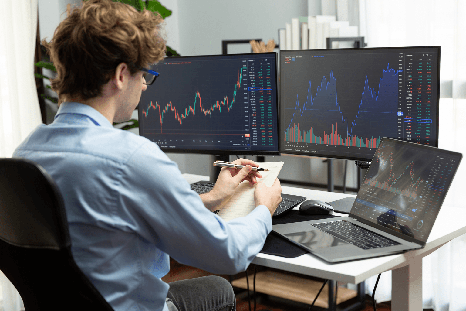 Analyst reviewing market charts across multiple trading screens in a modern financial workspace.