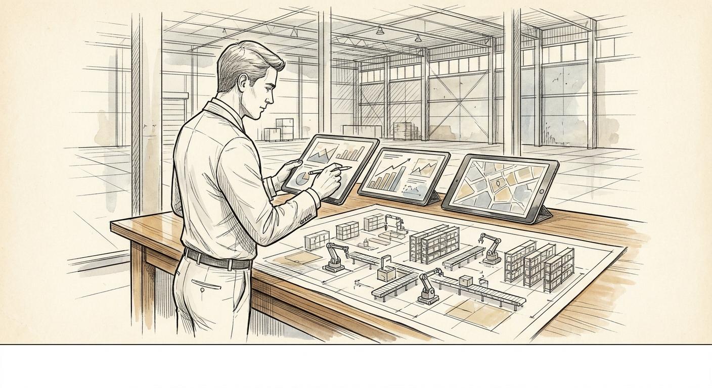 A professional analyzing predictive logistics data on a tablet, demonstrating how iForAI helps manufacturing firms secure EBITDA and improve supply chain resilience through analytics.