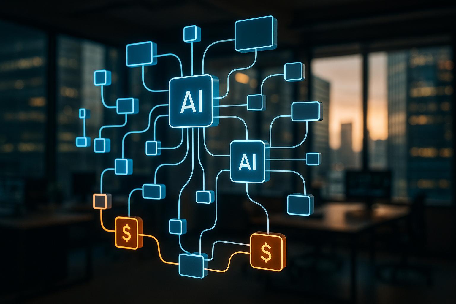 A multi-tiered digital architecture diagram showing data flowing efficiently through various sized nodes, illustrating iForAI's optimized AI model routing and cost management strategies.