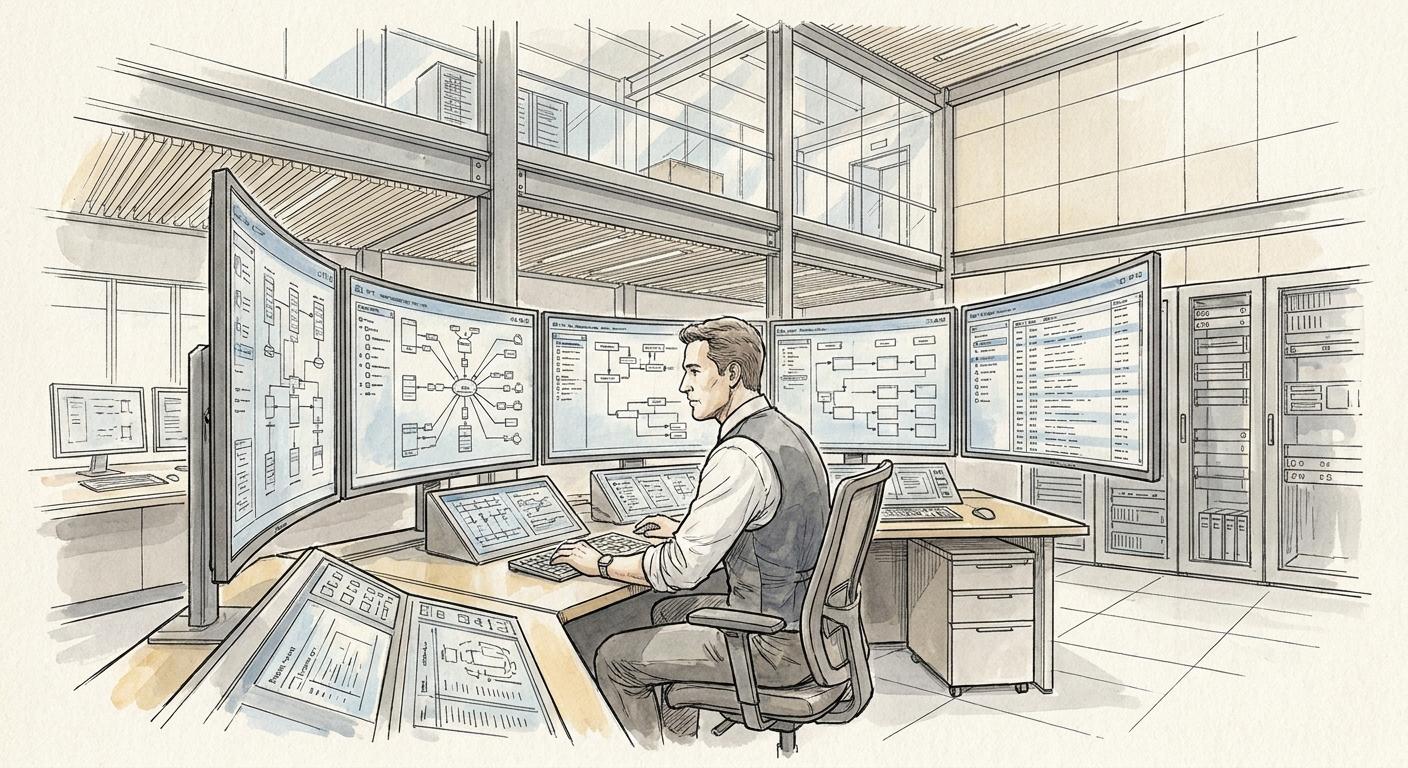 An operations manager analyzing secure AI workflow logs on dashboards, demonstrating robust iForAI governance frameworks for protecting proprietary data and mitigating enterprise security risks.