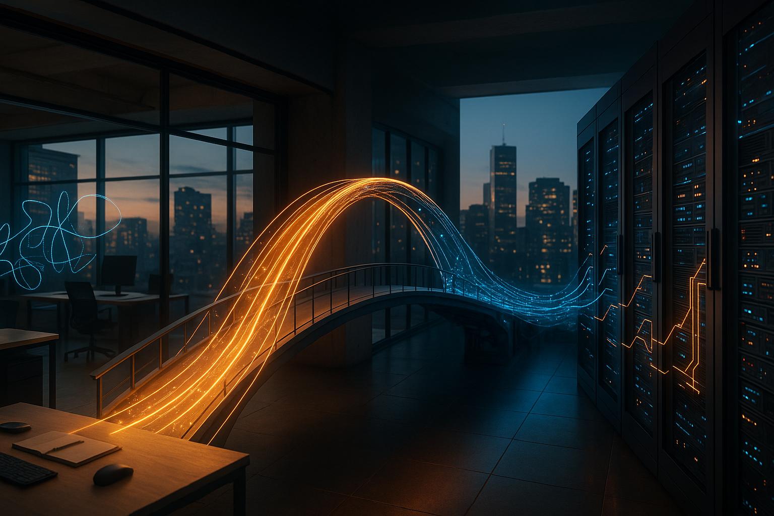 A digital bridge connecting abstract AI concepts to concrete, interconnected systems, symbolizing iForAI's role in bridging the AI execution gap for businesses.