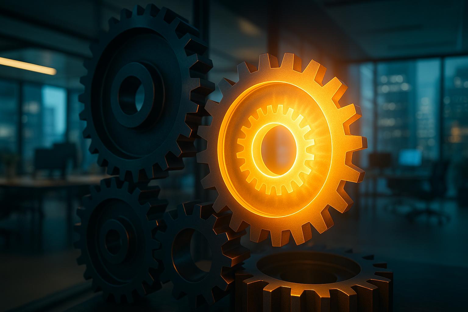 A glowing, expanding gear within a complex mechanism, symbolizing AI's transition from cost center to revenue engine for iForAI clients.
