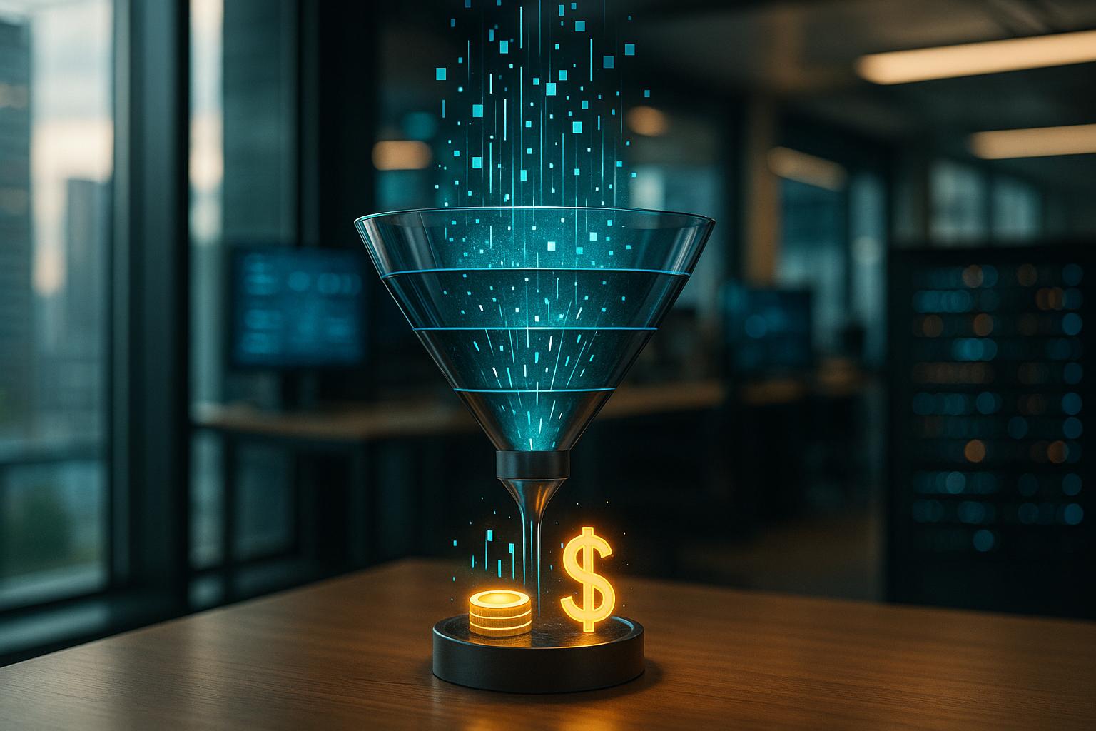 A dynamic digital funnel transforming abstract data streams into glowing revenue symbols, illustrating iForAI's focus on AI for top-line growth and measurable business impact.