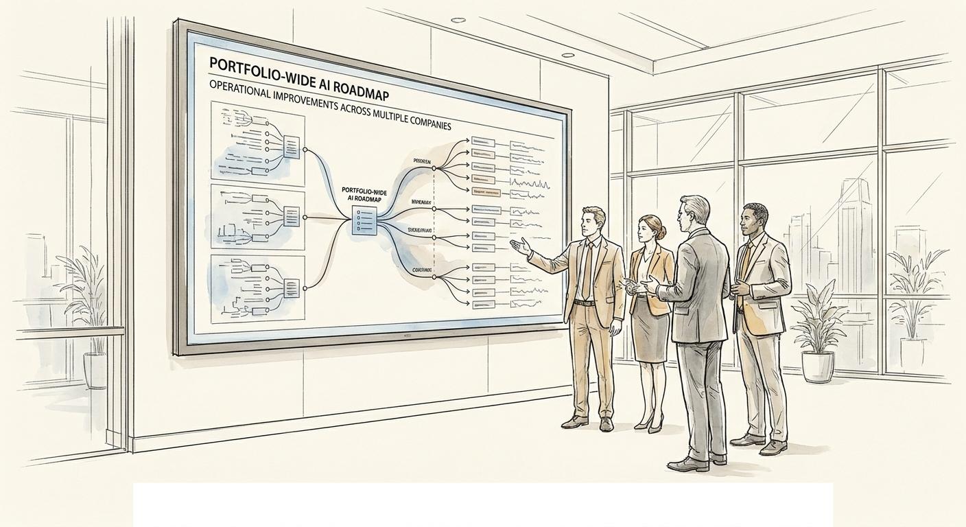 Private equity team reviewing a portfolio-wide AI roadmap on a screen, showcasing the iForAI framework for driving operational alpha and measurable business value growth.