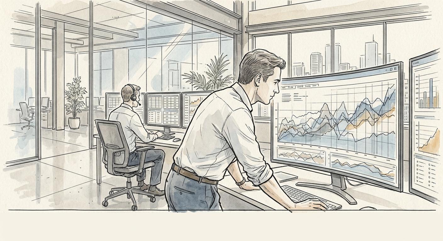 A manufacturing manager analyzing digital demand forecasts, illustrating how iForAI optimizes supply chain operations and improves cash flow through predictive, data-driven planning solutions.