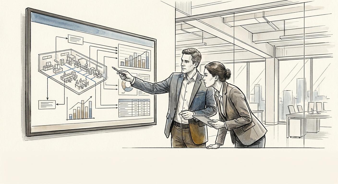 Business professionals analyzing integrated ERP data dashboards, demonstrating how iForAI optimizes operational margins and drives predictive insights for private equity portfolio company growth.
