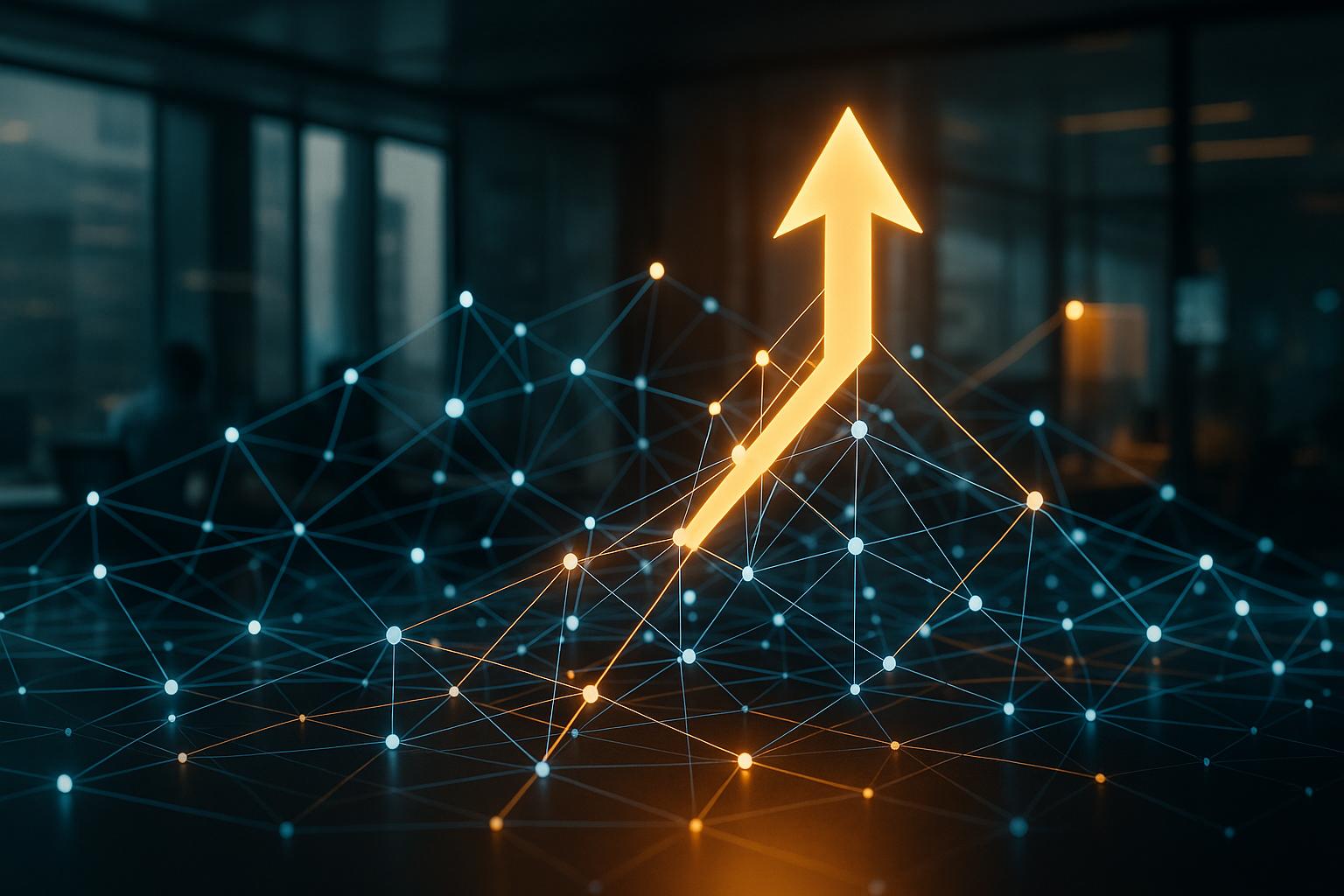 A network of interconnected nodes with a glowing upward arrow, symbolizing iForAI's focus on AI-driven revenue growth and strategic business transformation.