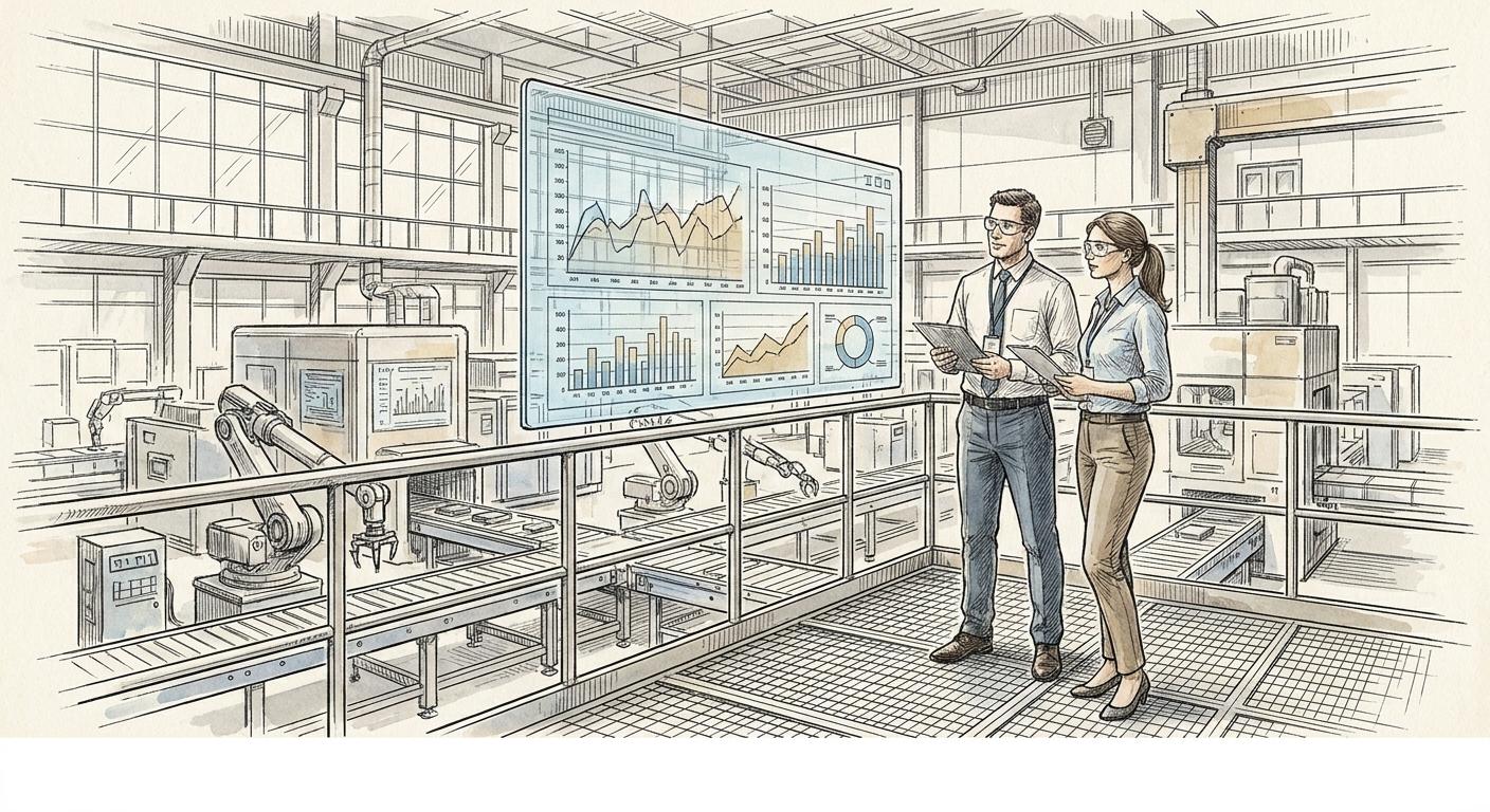 A plant manager and engineer reviewing real-time production data, illustrating how iForAI dynamic scheduling optimizes manufacturing throughput and reduces margin leakage in factories.