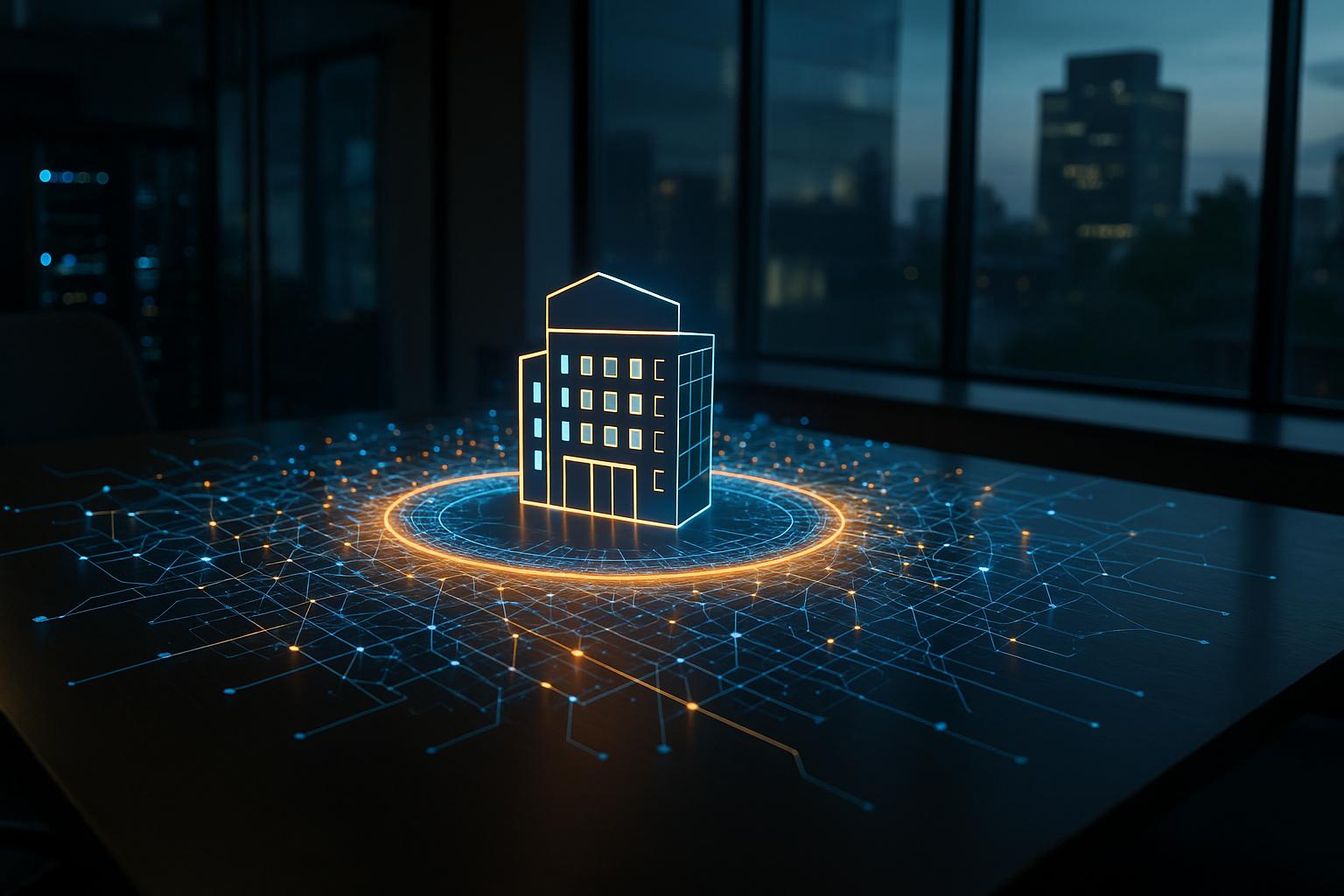 A glowing network of data nodes forming a protective moat around a stylized building, representing iForAI's data strategy for enterprise growth and competitive advantage.