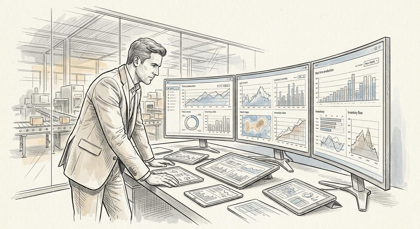 A manufacturing executive analyzing production data on a dashboard, showcasing how iForAI embedded solutions drive EBITDA growth and scalable enterprise value for industrial companies.