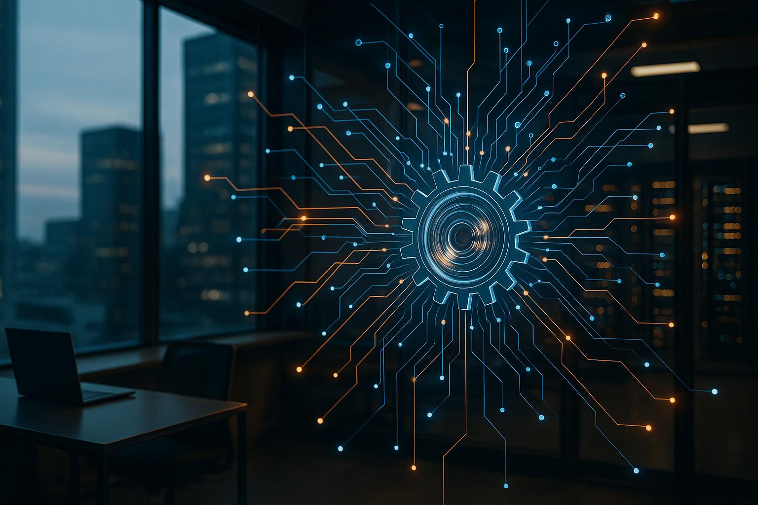 A glowing network of data pathways converging into a rapidly spinning gear, symbolizing accelerated innovation and deep integration with iForAI solutions.