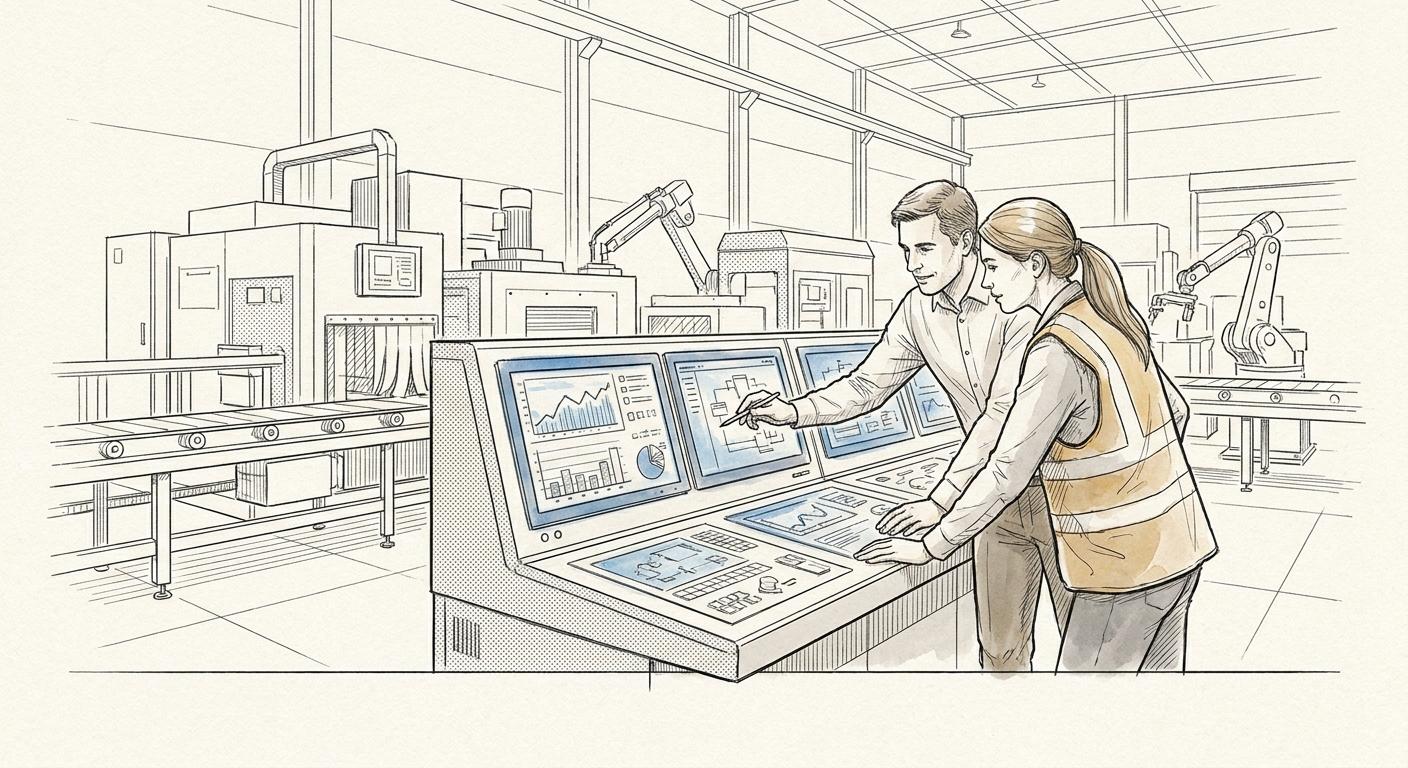 An operations manager reviewing production data with a floor supervisor, showcasing iForAI manufacturing solutions that bridge the gap between plant floor and enterprise management.