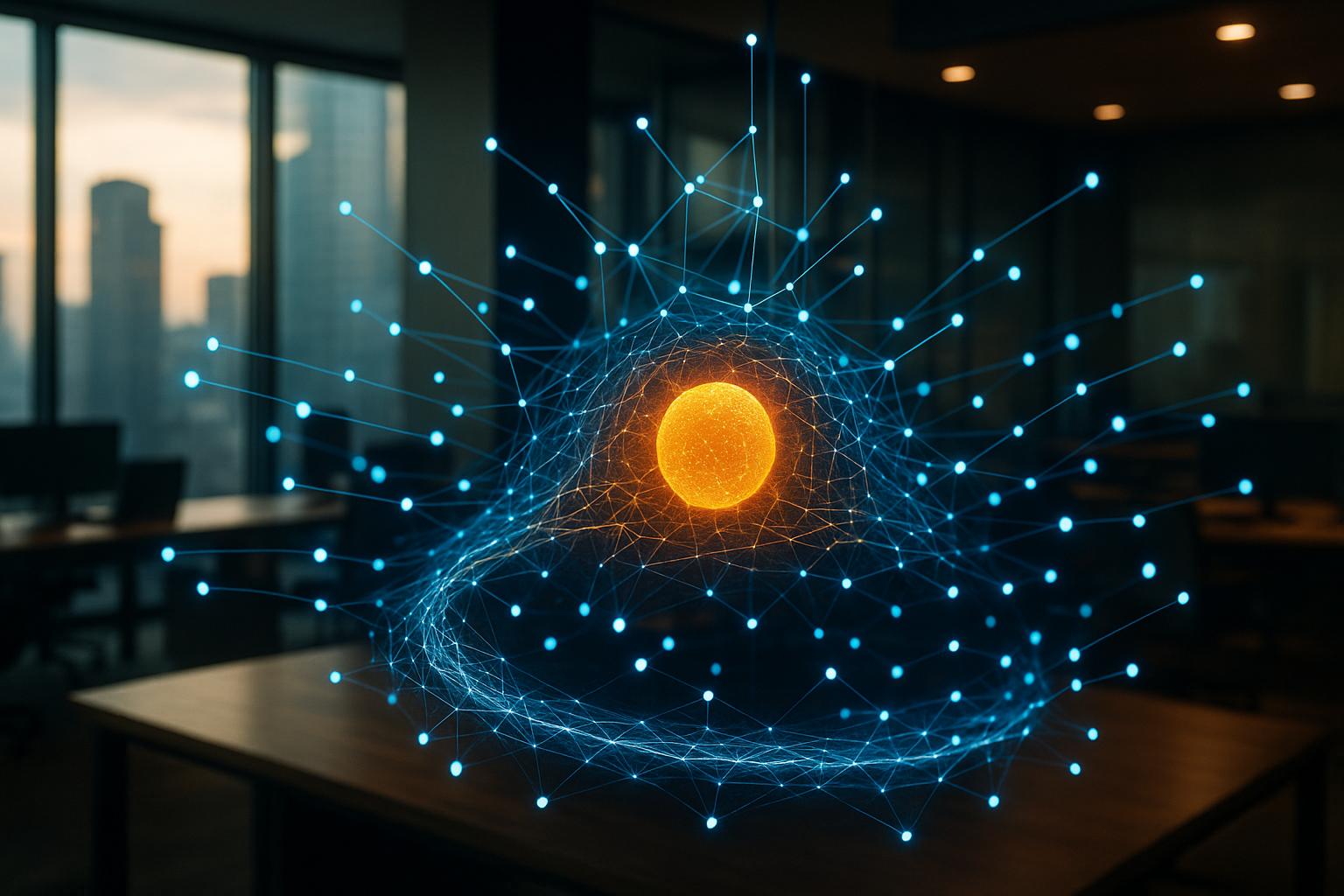 A glowing digital network with a central enterprise node building a data moat, illustrating how iForAI helps established businesses out-innovate agile startups.