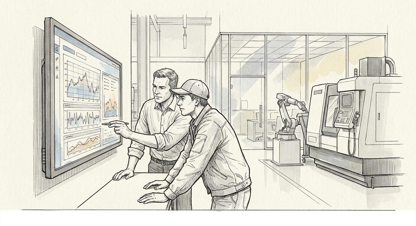 A technician and manager analyzing predictive maintenance data on a monitor, illustrating iForAI solutions for optimizing industrial uptime and reducing manufacturing margin leakage.