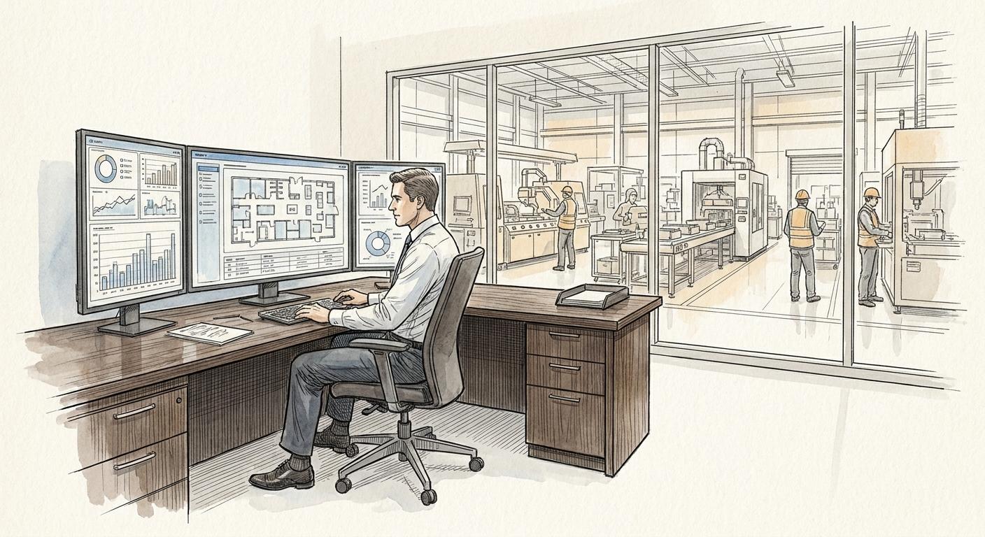 A manufacturing executive analyzing real-time production data on screens, demonstrating how iForAI integrates predictive intelligence into ERP systems to optimize operational performance and margins.