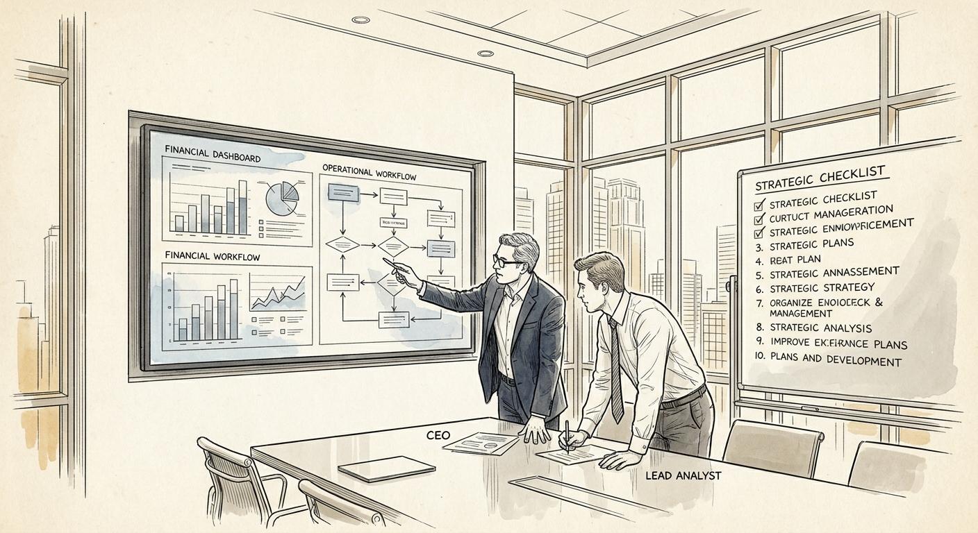 A CEO and analyst reviewing a project checklist in a boardroom, demonstrating rigorous iForAI value creation planning and disciplined AI integration for private equity firms.