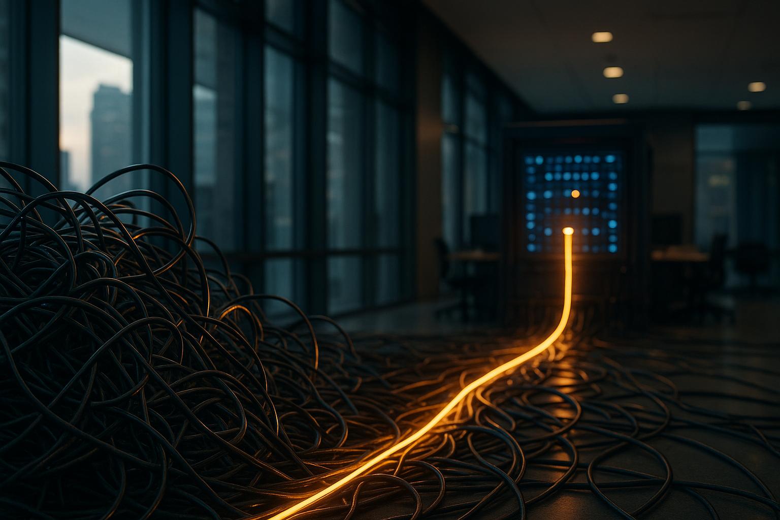 A tangled digital network with a clear, illuminated pathway leading to a structured data hub, symbolizing iForAI's optimized AI governance solutions.