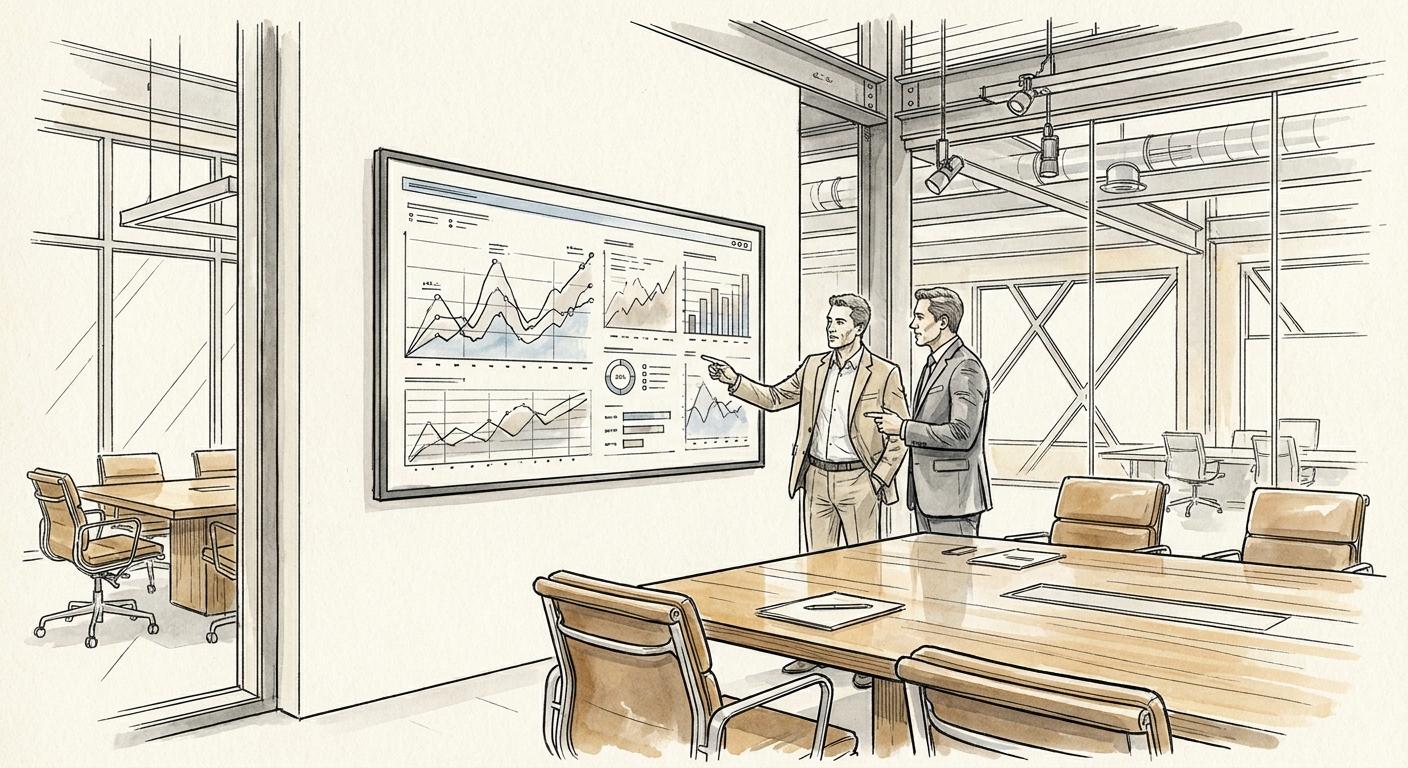 A business leader and manager reviewing data dashboards, illustrating how iForAI implements robust data governance to drive measurable value and enterprise AI readiness.