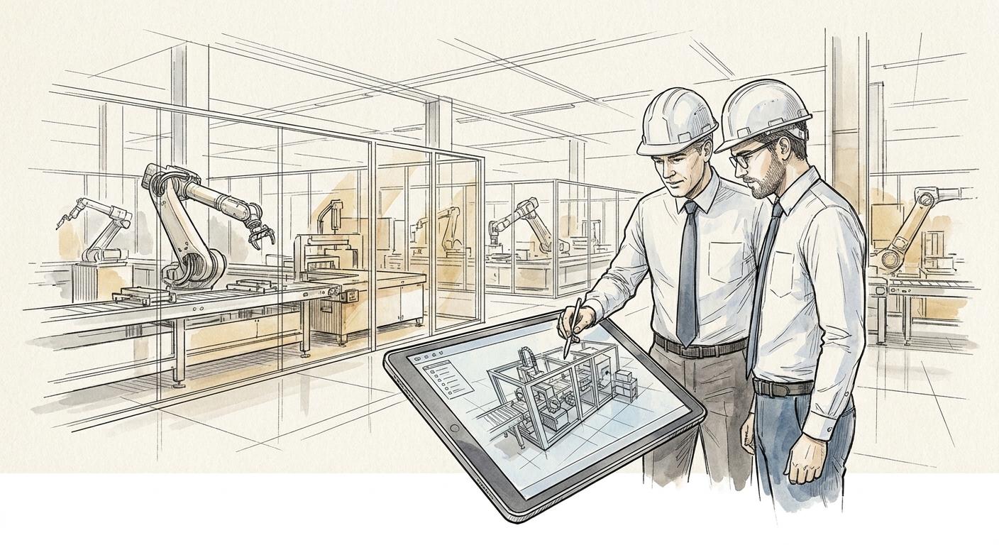 A plant manager and engineer reviewing a digital twin model on a tablet, demonstrating iForAI manufacturing solutions for proactive maintenance and operational efficiency.
