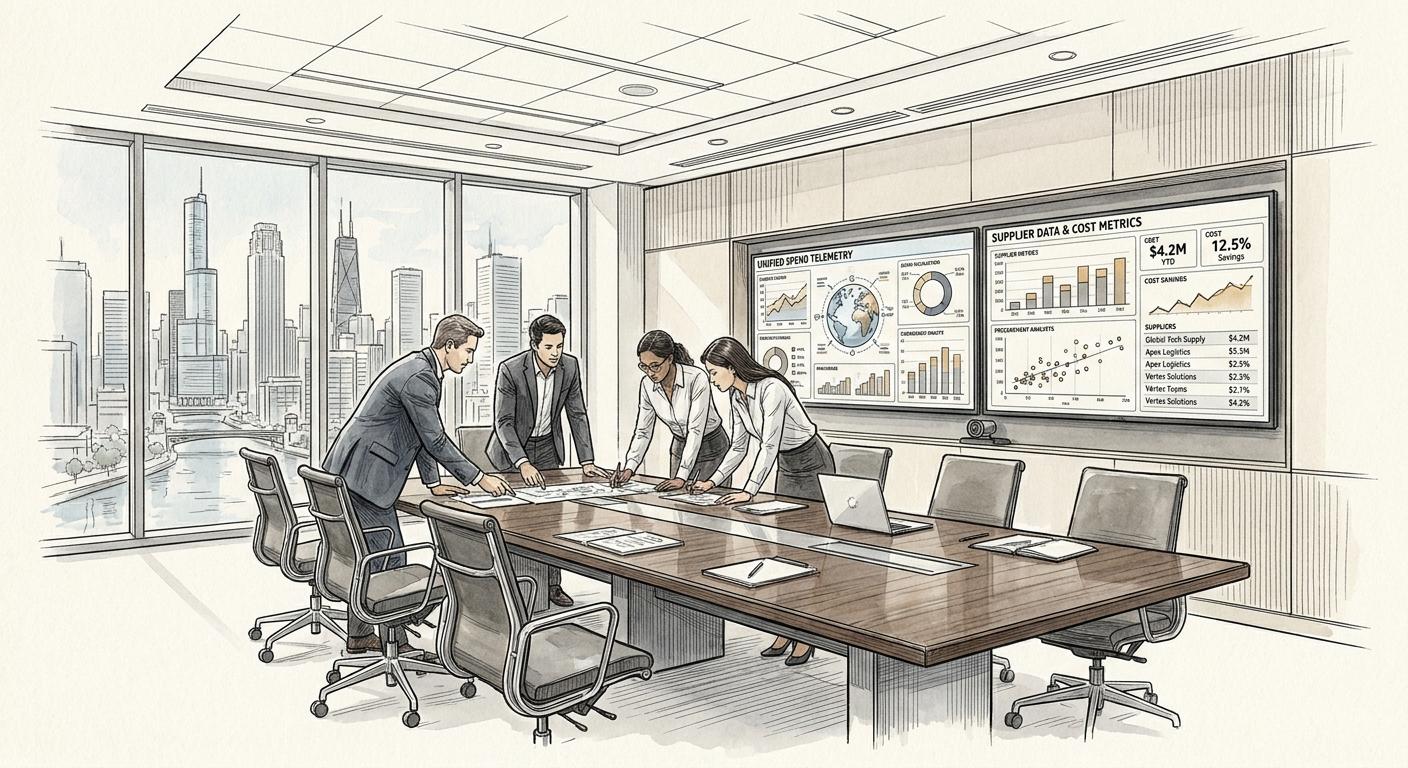 Corporate analysts evaluating unified spend dashboards and procurement data across wall-mounted displays in a modern boardroom, driving iForAI portfolio margin optimization.
