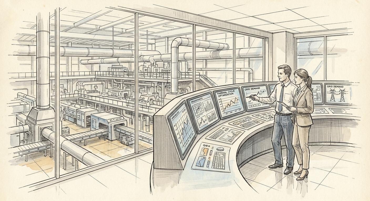 Plant managers analyze real-time energy load schedules on control room monitors, optimizing industrial thermal operations and reducing peak demand costs with iForAI.