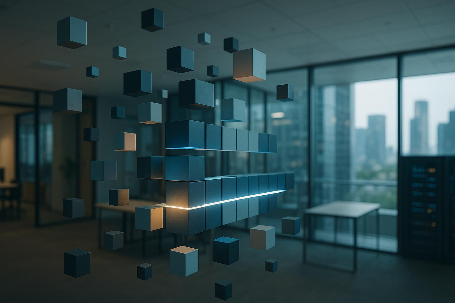 Disconnected geometric blocks assembling into an aligned structural grid, transitioning scattered enterprise experiments into measurable business value with iForAI frameworks.
