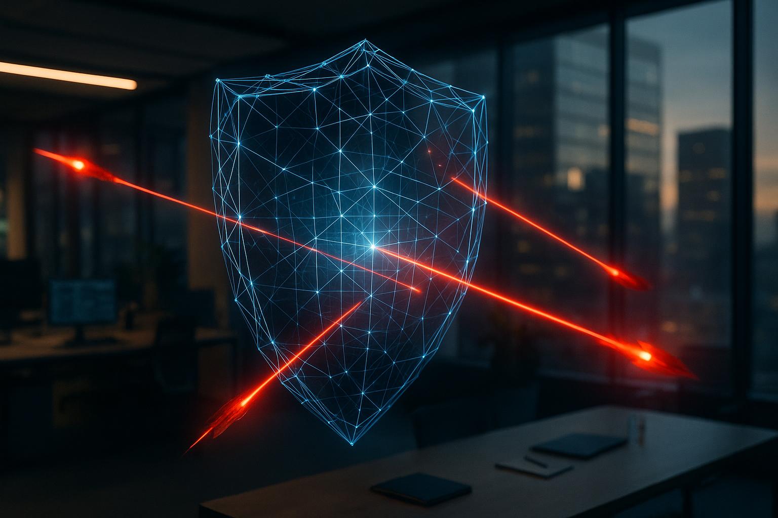 A complex digital shield of interlocking geometric nodes actively scanning and neutralizing incoming threat vectors, demonstrating continuous iForAI adversary simulation for modern engineering teams.