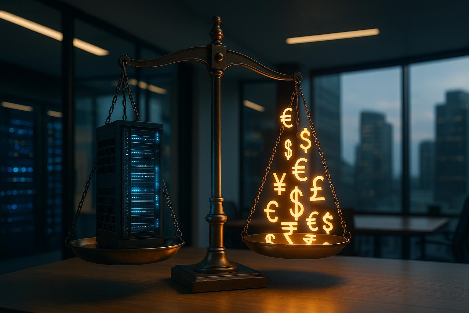 A precision mechanical scale balancing a glowing digital server rack against currency symbols, illustrating how iForAI optimizes SaaS margins and unit economics.