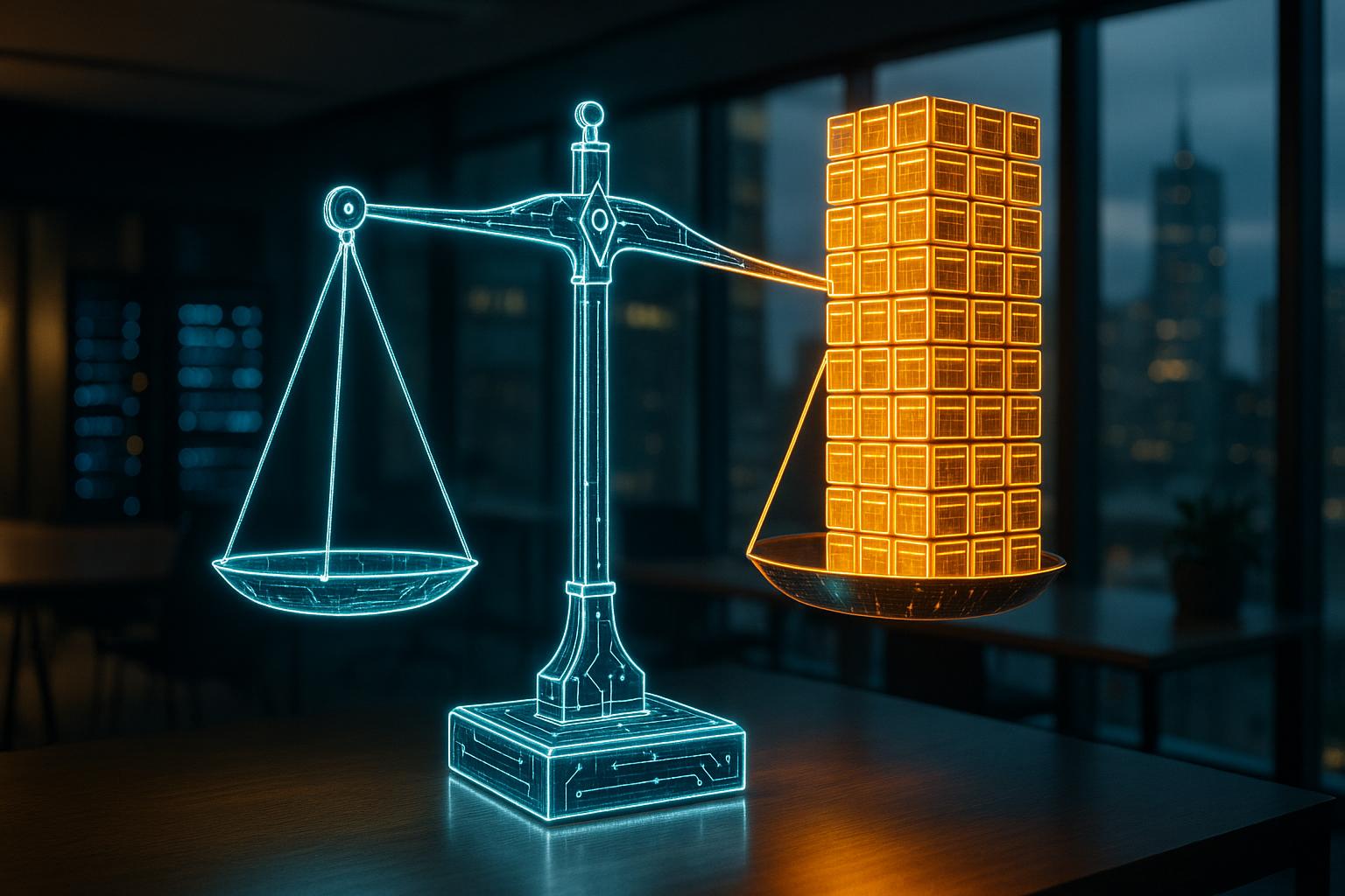 A precision-engineered digital balance scale made of glowing circuit traces, demonstrating how iForAI helps enterprises optimize cloud compute costs and protect software gross margins.