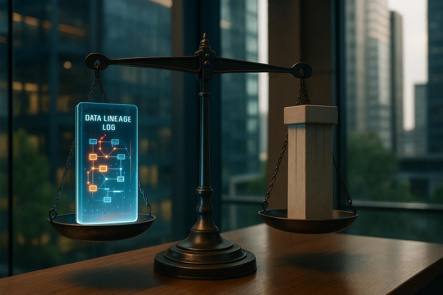 A precise mechanical scale balancing a glowing digital data lineage log against a minimalist pillar, demonstrating lightweight iForAI governance solutions for mid-market software teams.