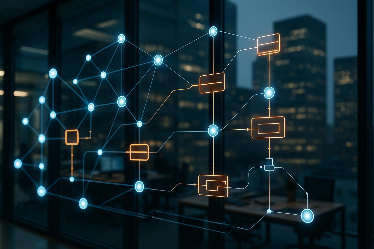 A complex network of interconnected nodes and glowing execution pathways, illustrating advanced multi-step workflow orchestration and autonomous systems engineering built by iForAI.
