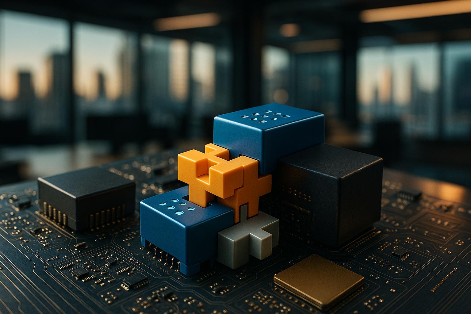 Modular electronic components and interlocking open-source architecture blocks clicking together on a circuit board, demonstrating the efficiency of iForAI edge intelligence assembly workflows.
