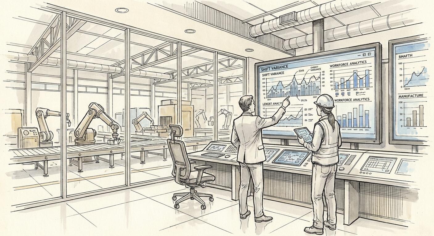 An operations manager reviewing analytics dashboards in a modern control room, demonstrating automated iForAI shift variance tracking and optimized manufacturing performance.