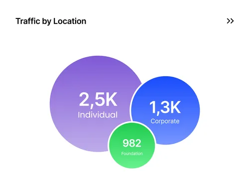 Bubble chart showing traffic by location with 2,5K for Individual, 1,3K for Corporate, and 982 for Foundation.