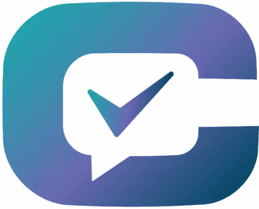 Stylized letter C with a speech bubble containing a checkmark inside it.