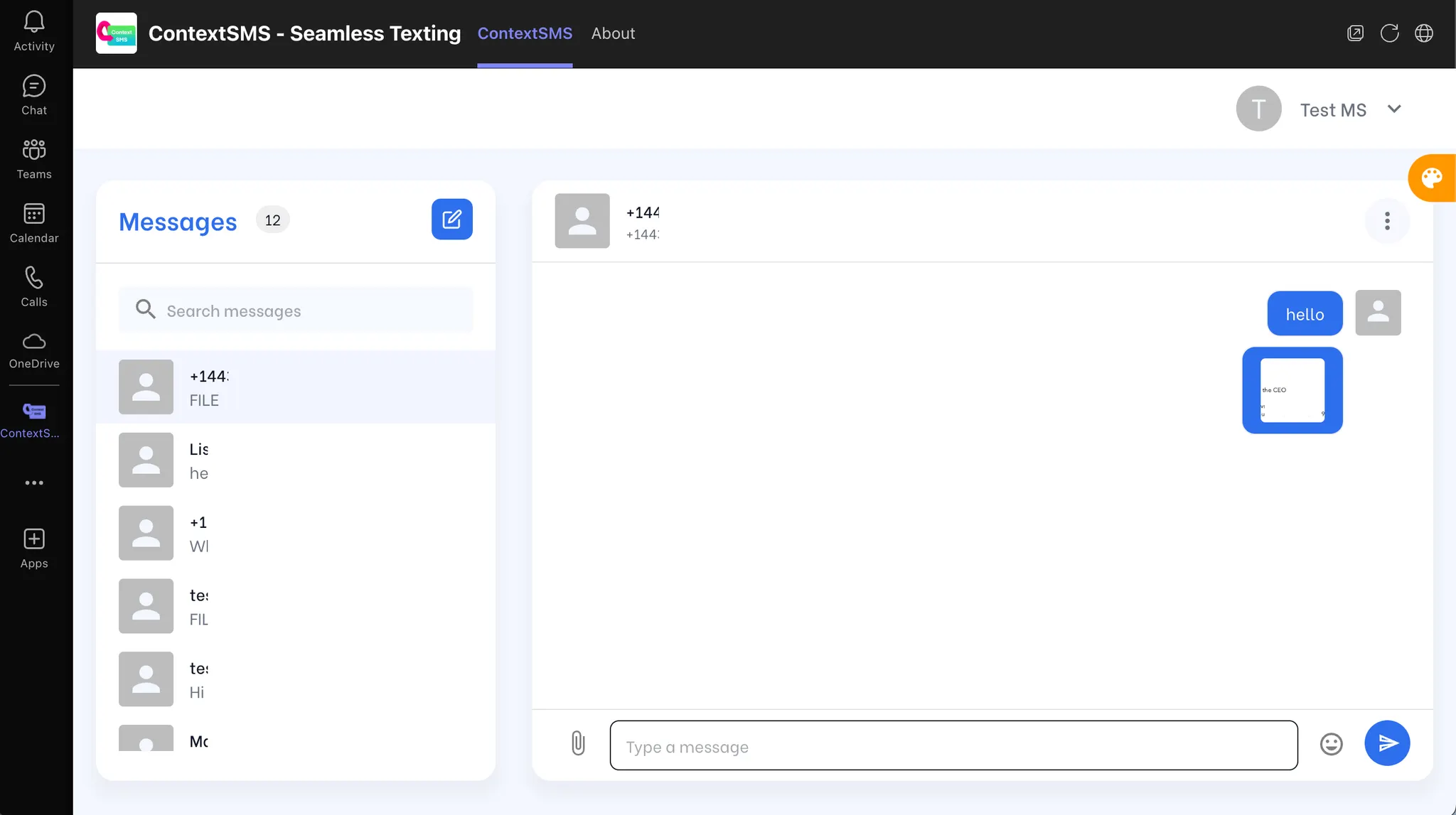 ContextSMS messaging app interface showing a chat with phone number contact, message 'hello', and a thumbnail of a shared file.