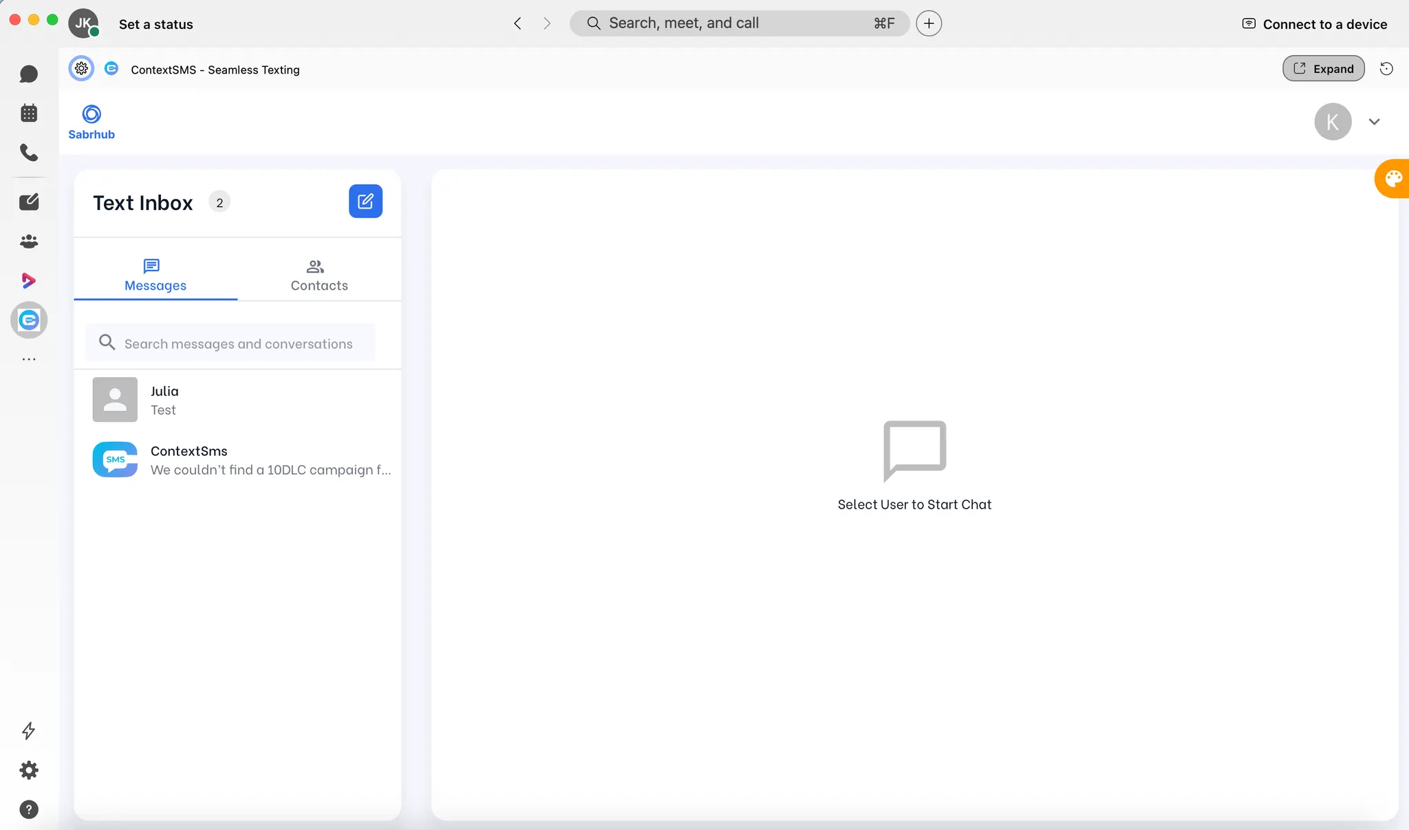 User interface showing a messaging app with a text inbox containing two conversations and an empty chat area prompting to select a user to start chat.