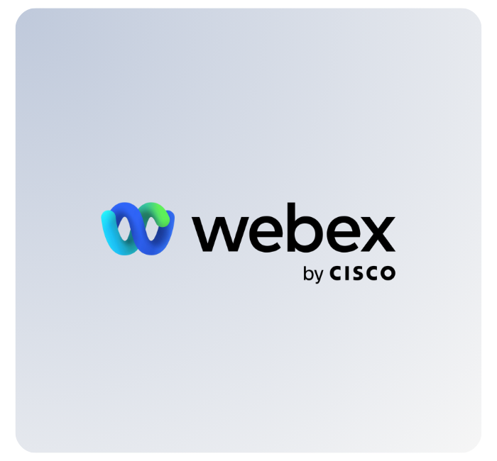 Webex logo with a blue and green intertwined symbol and the text 'webex by Cisco' on a light grey background.