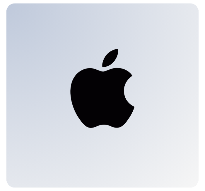 Black Apple logo on a light gray rounded square background.