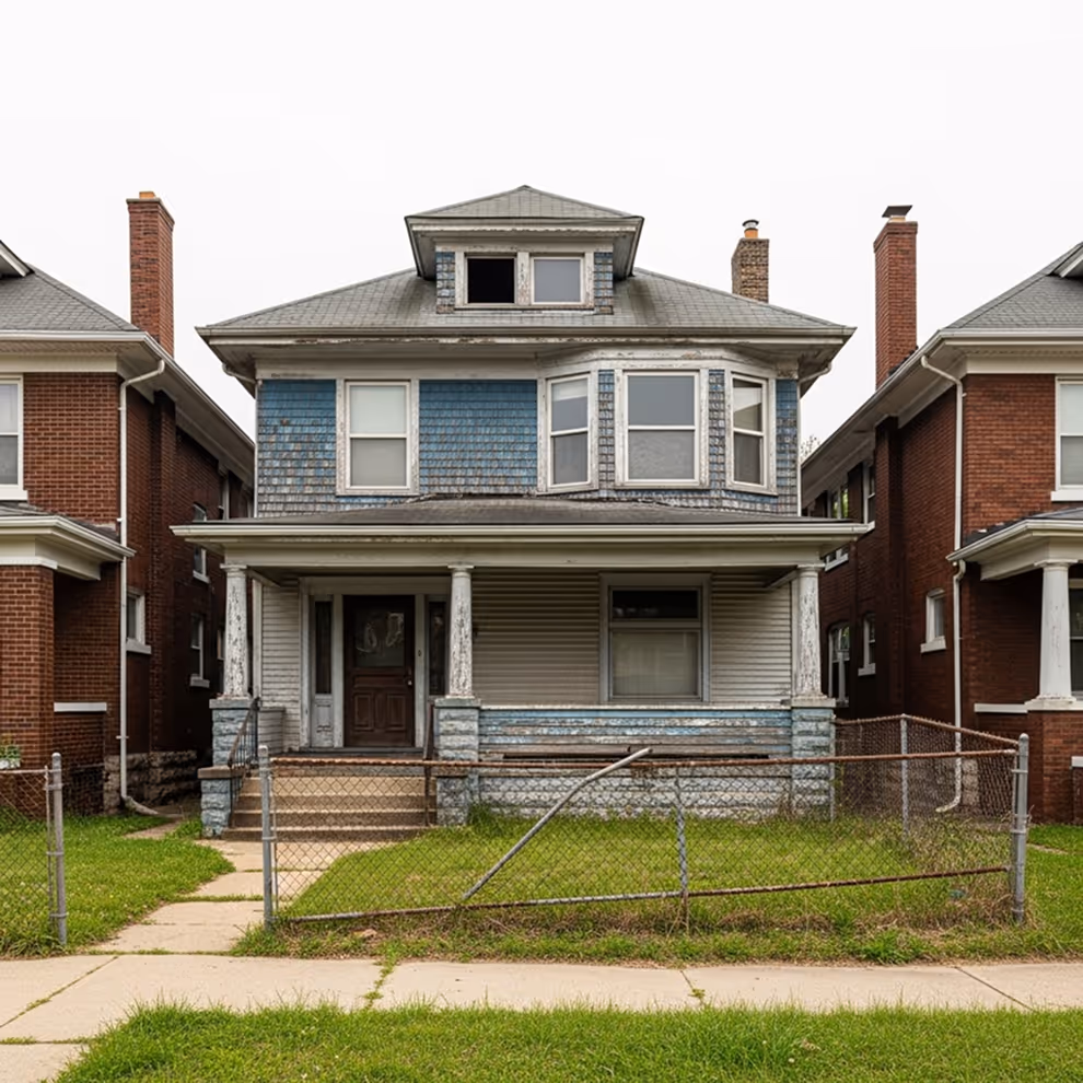 A worn two-story blue house with peeling paint, boarded windows, and a bent front yard fence.