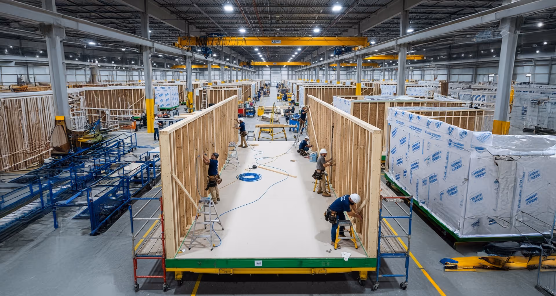 Workers assembling frames inside a large factory producing modular housing units.