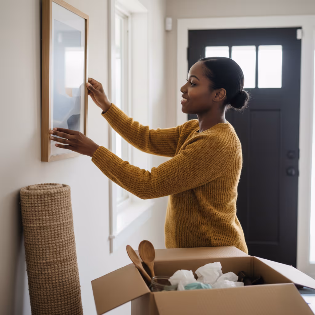 Woman in yellow sweater hanging a framed picture on a wall near an open moving box.
