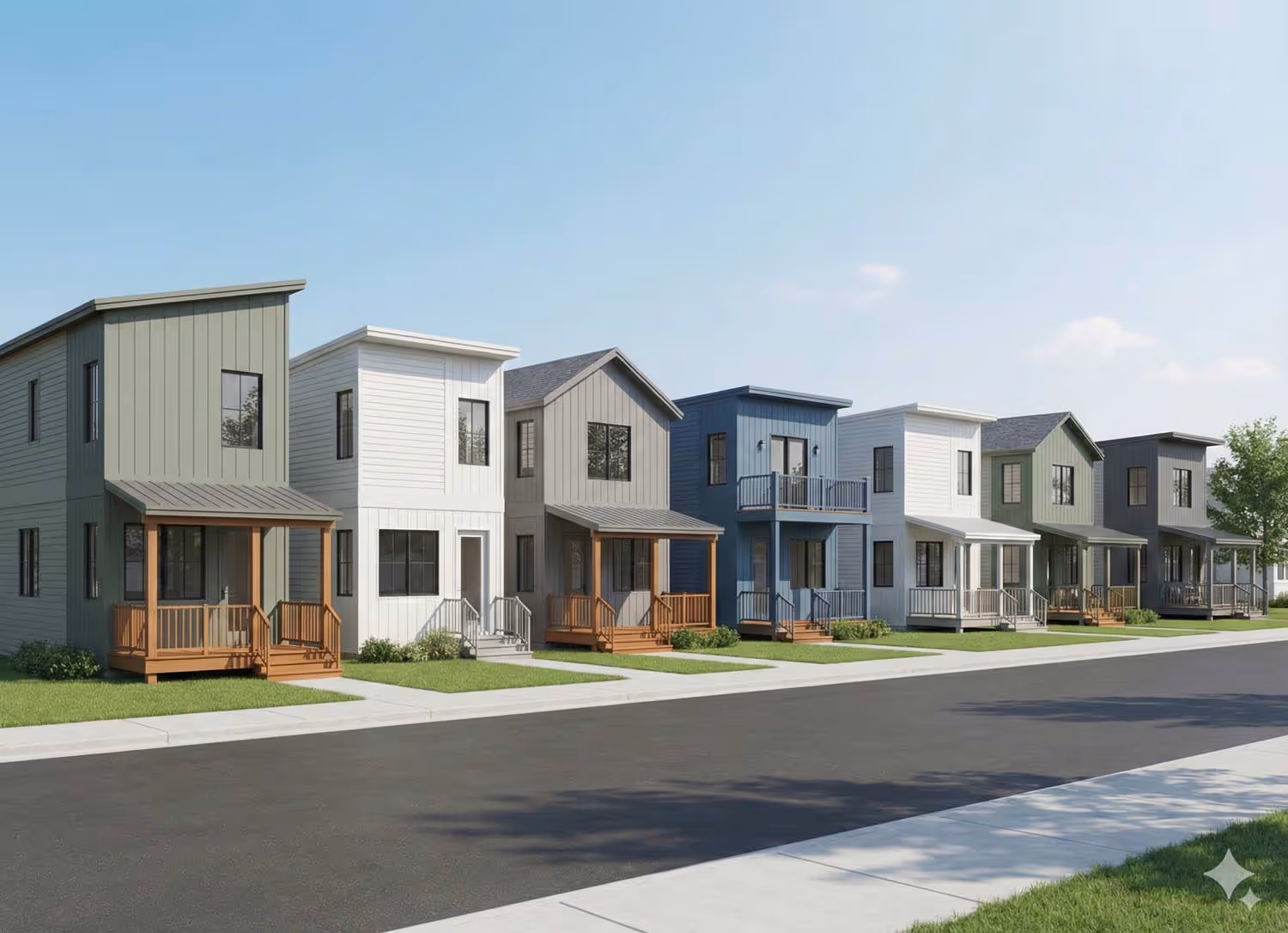 Row of modern two-story houses with porches in various colors along a quiet paved street.