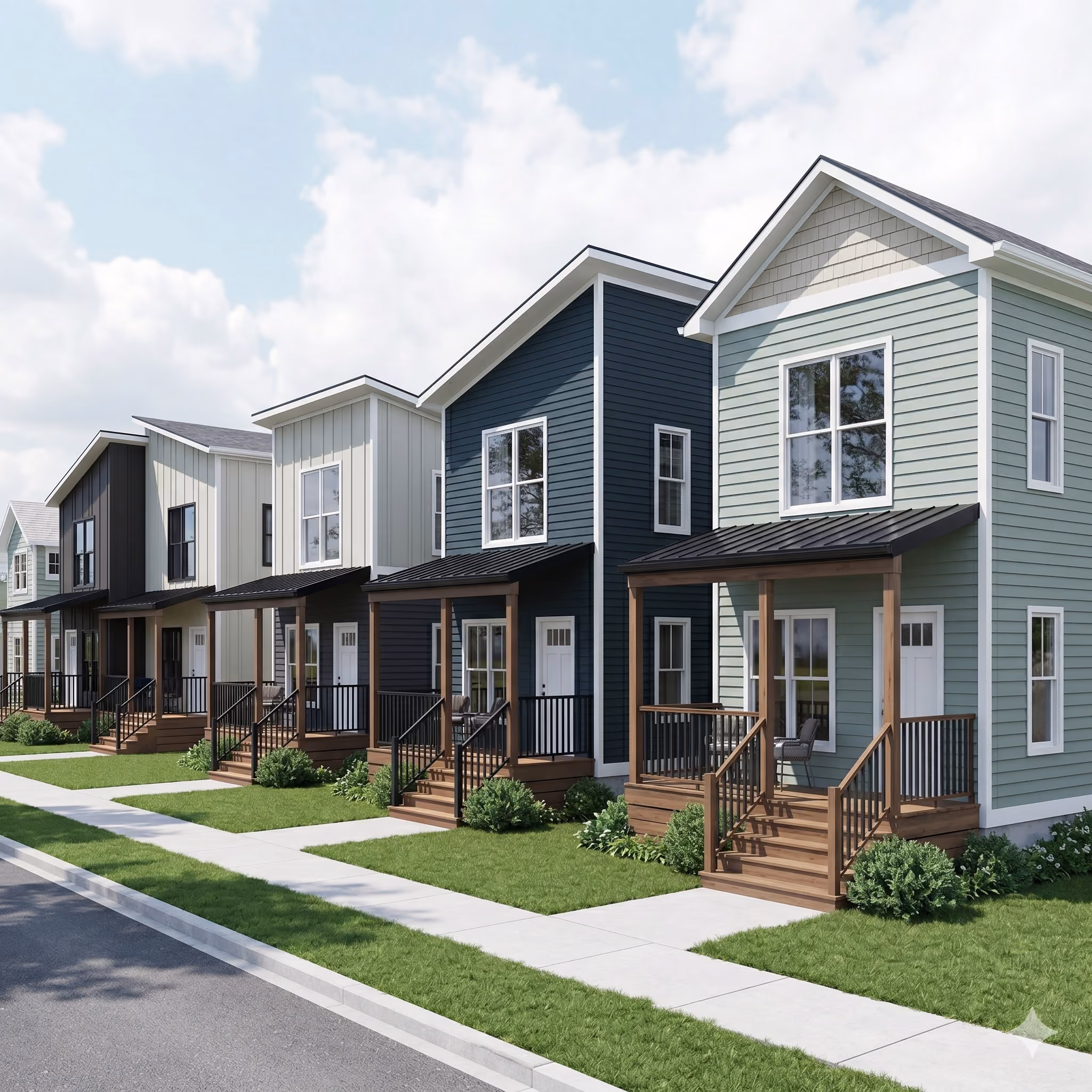 Row of modern two-story houses with porches in various colors along a quiet paved street.