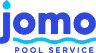Jomo Pool Service logo with a blue water droplet above the letter 'j' and wavy lines under the word 'jomo'.