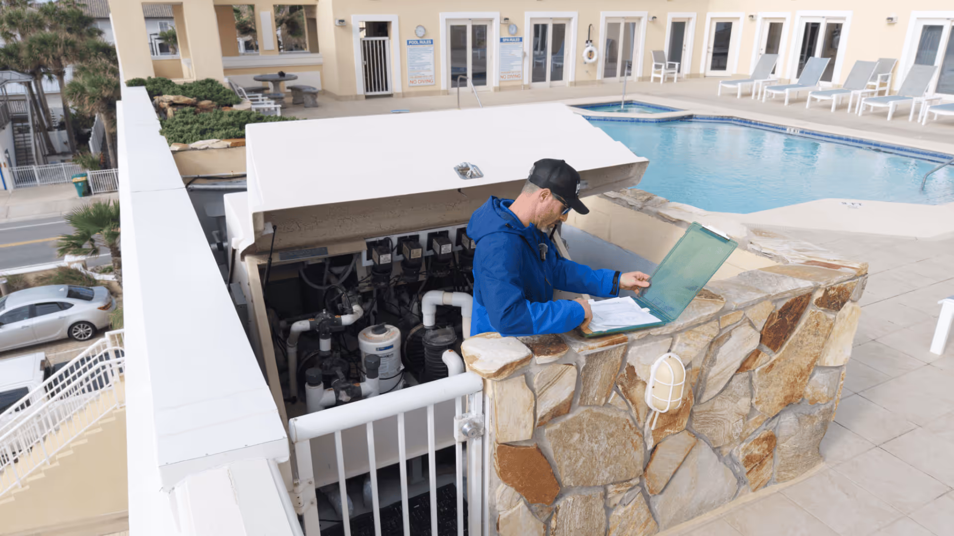 Technician in blue jacket inspecting pool equipment next to an outdoor swimming pool.
